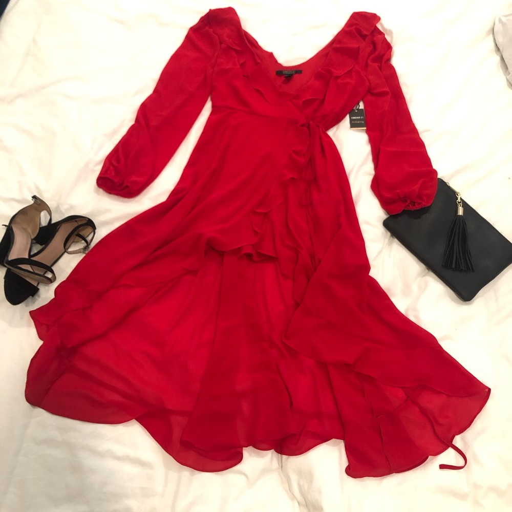 midi high low hem long sleeve low back wrap dress